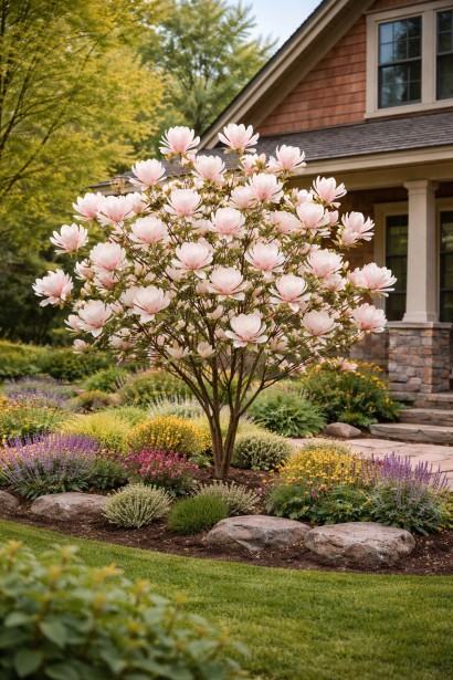 Магнолия гибридная Санрайз в ландшафте.